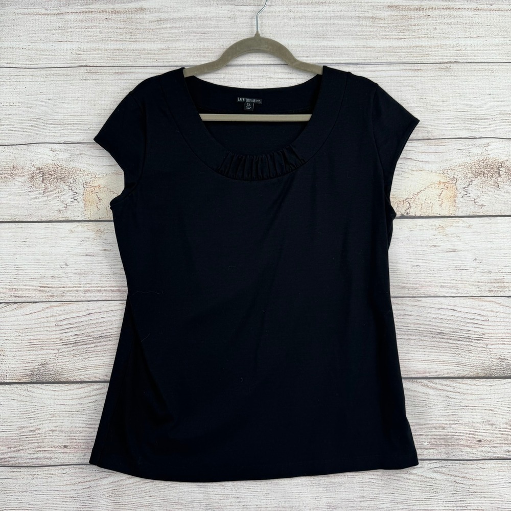 Lafayette 148 Top Women XL Black Cap Sleeve Pleated Scoop Neck Cotton Blend